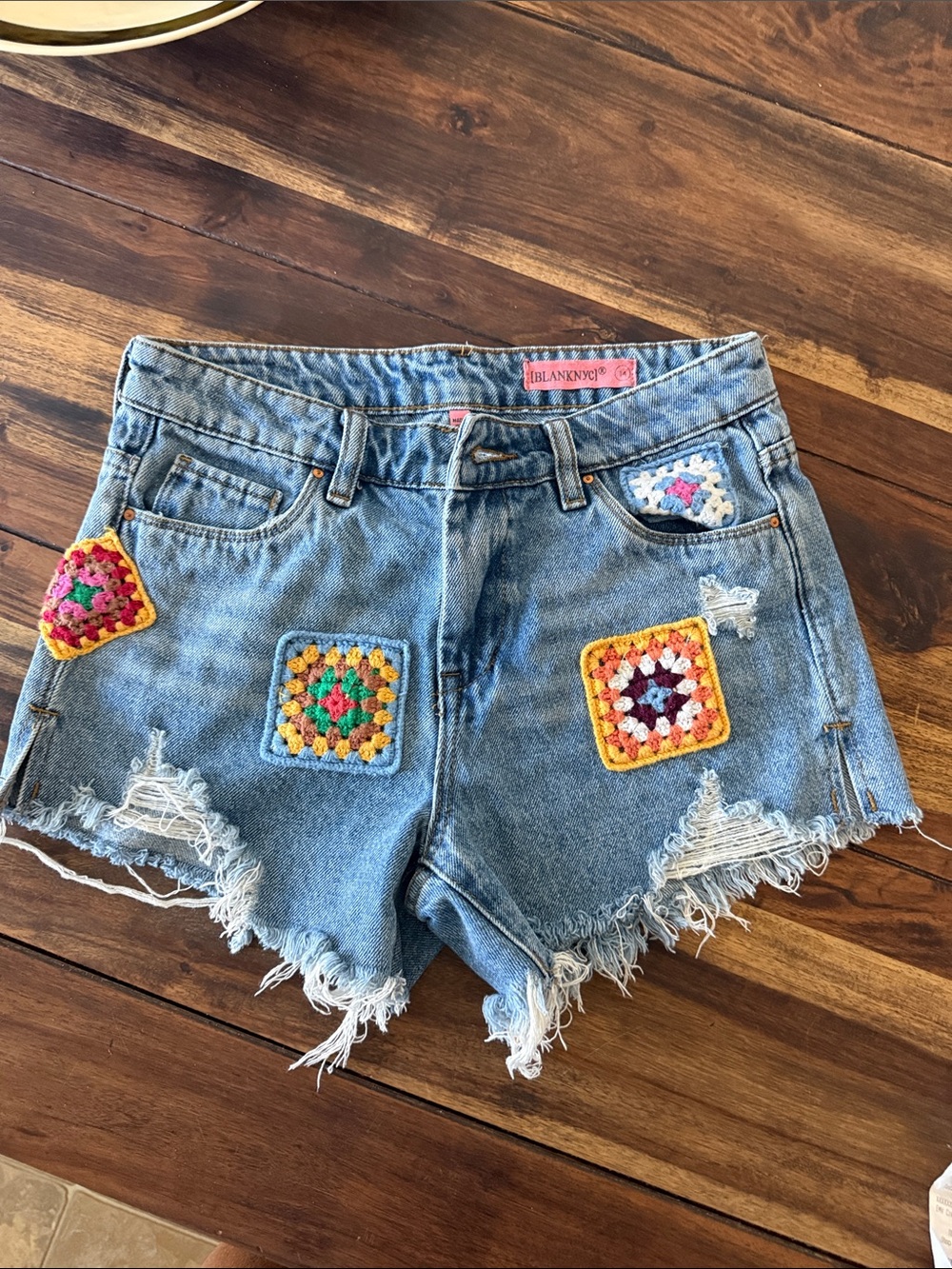 Blank NYC Distressed Denim Shorts with Multicolor Crochet Patches - Light Blue
